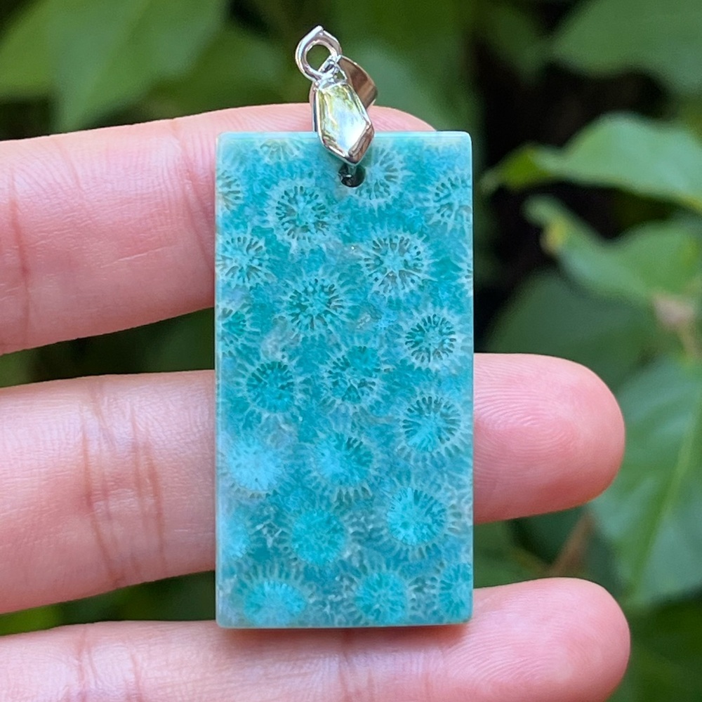 Sterling Silver Rectangular Blue Coral Jade Penda… - image 1